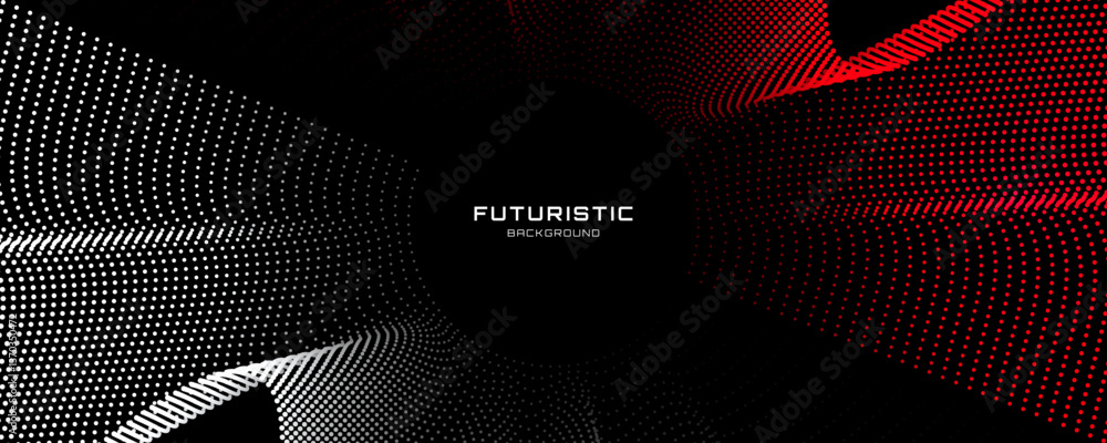 Poster red white circles techno background. big data visualization on dark space with dotted lines effect d