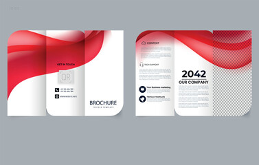 Trifold brochure template with red dynamic gradient waves. Editable image.