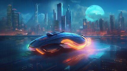 A sleek and futuristic hovercraft soaring above a bustling cityscape with neon lights showcasing advanced technology and urban mobility emphasizing the dynamic and high-tech nature of the transport Il