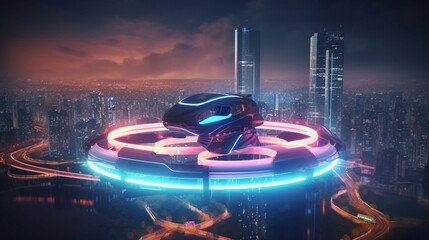 A sleek and futuristic hovercraft soaring above a bustling cityscape with neon lights showcasing advanced technology and urban mobility emphasizing the dynamic and high-tech nature of the transport Il