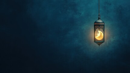 Elegant Lantern with Soft Glow Against Mysterious Blue Background, Capturing the Essence of Nighttime Serenity and Warmth in a Tranquil Ambiance