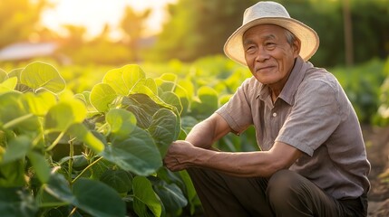 A proud elderly farmer kneels beside his flourishing crops, basking in the warm glow of the golden hour in the serene rural countryside
