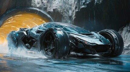 Sleek futuristic car speeding through a tunnel, showcasing advanced technology.