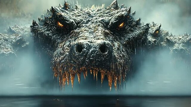 Ancient serpentine creatures emerge from a misty river. Potential stock photo