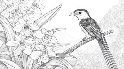 Orchid and Bird Line Drawing. Background flowers. Suitable for nature print, coloring page, or desktop