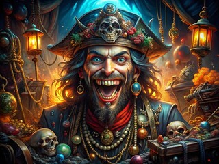 Obraz premium Mysterious Pirate Watercolor Painting: Intricate Teeth & Jewelry Detail