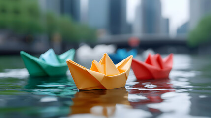 Colorful Origami Paper Boats Floating on City River