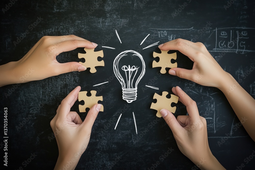 Poster idea formation: hands assemble puzzle pieces to create an illuminated lightbulb, symbolizing the gen