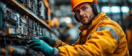 A man in a yellow jacket is wearing a hard hat and gloves. He is working on a machine