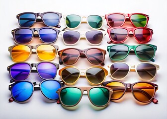 Stylish Sunglasses Collection: 15 Classic & Modern Shades on White Background
