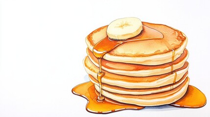 Mouthwatering stack of fluffy pancakes topped with sweet maple syrup beautifully illustrated in watercolor on white background