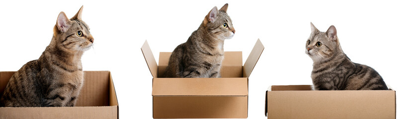 Fototapeta premium Three playful cats exploring cardboard boxes in a cozy indoor setting.