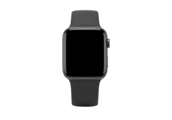 Smartwatch with blank digital screen and silicone wristband, front-facing, isolated on seamless white background