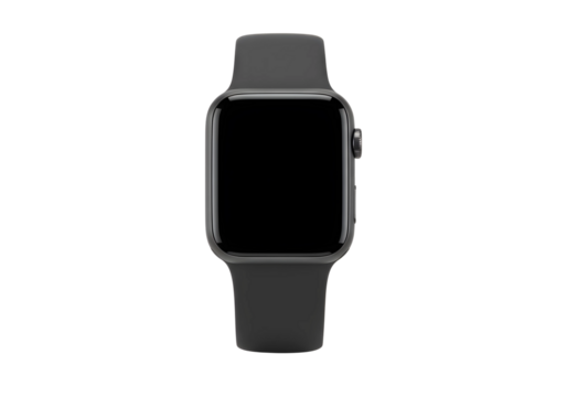 Smartwatch with blank digital screen and silicone wristband, front-facing, isolated on seamless white background