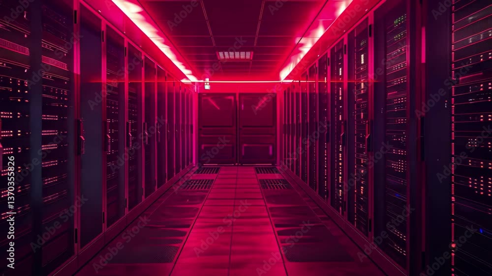 Aufkleber the corridor of a data center showcases rows of servers, dramatically lit with vibrant red lights, c