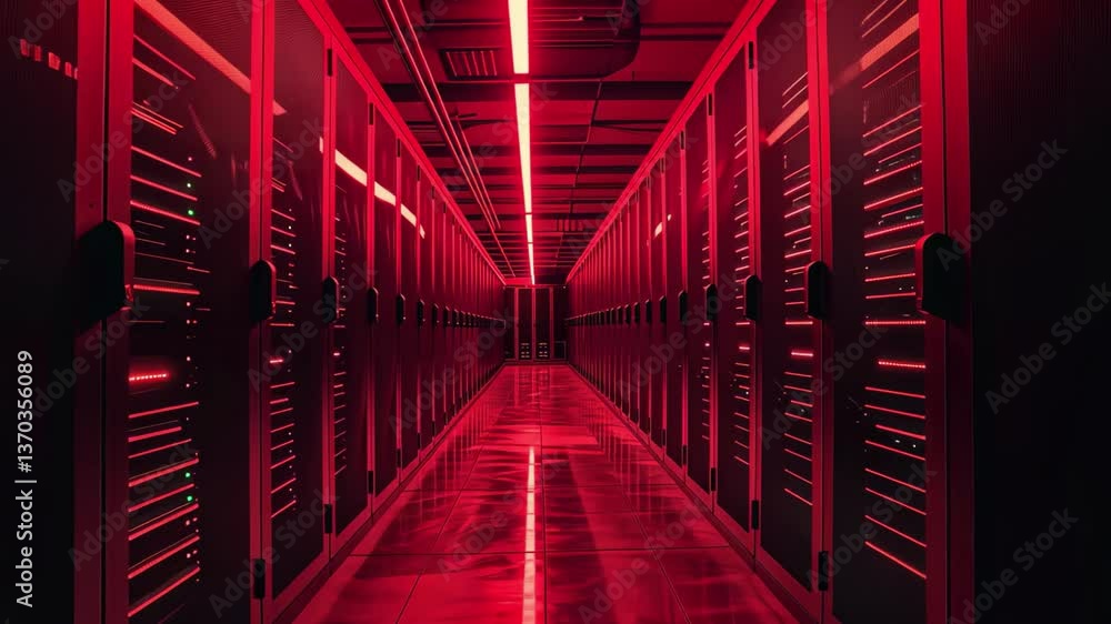 Poster rows of server racks fill the space in a high-tech data center, illuminated only by striking red lig