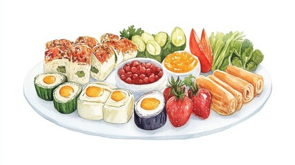 An exquisite watercolor representation of a plate of food showcasing colorful ingredients and beautiful presentation on white