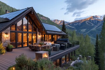 Modern Solar Panels on Luxury Mountain Chalet in Aspen, Colorado, Panoramic Snow-Capped Views, Sustainable Energy, Solar-Powered Home, Clean Energy, Renewable Resources, Eco-Friendly Architecture