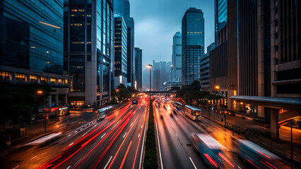 Obraz premium Busy urban highway at twilight in a modern city