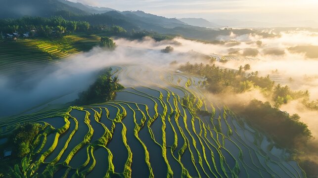 Aerial photography of a rice field at sunrise, with mist flowing like waves