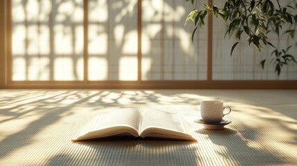 Peaceful reading nook with warm sunlight filtering through traditional shoji screens