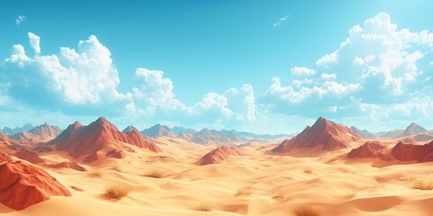Naklejka premium Stunning Desert Landscape Panoramic View Red Mountains Sandy Dunes Blue Sky White Clouds Scenic Nature Background Image sun hot dry art arid