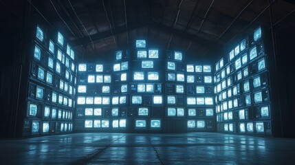 A dark warehouse filled with a glowing wall of CRT TVs showing static, creating a moody, cinematic CCTV hub