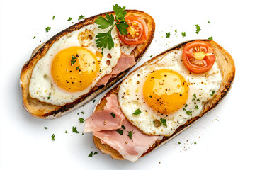 two toasted eggs with ham and tomatoes on them