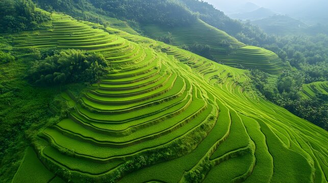 A drone shot of a massive terraced rice farm, blending natural and geometric beauty