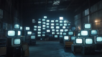A dark warehouse filled with a glowing wall of CRT TVs showing static, creating a moody, cinematic CCTV hub