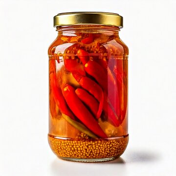 Homemade Pickle Bottle with Red Chili and Mustard Seeds, Traditional Indian Achar in a Glass Jar, Spicy Pickle with Mustard Seeds and Red Chili, Authentic Home-Style Pickle with Tangy Flavors, Freshly