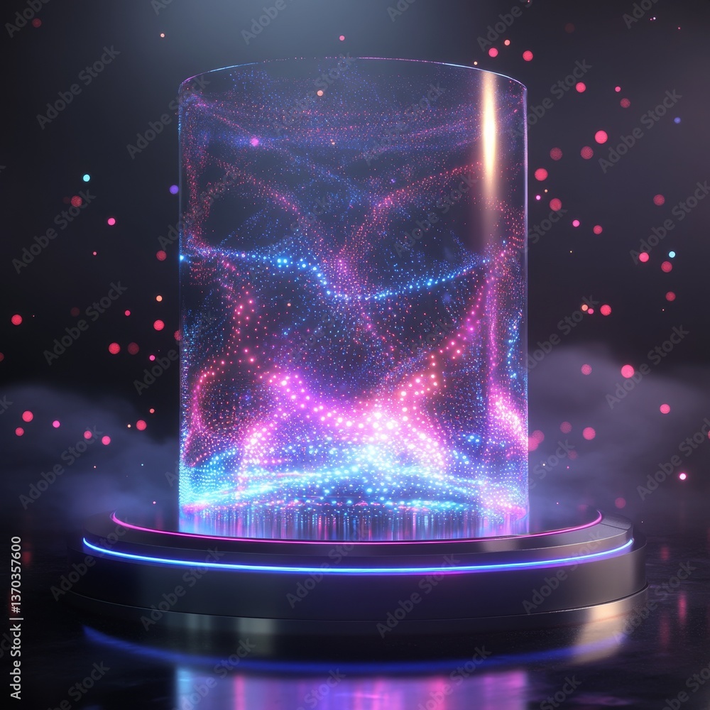 Poster abstract glowing cylinder with floating particles, futuristic display podium