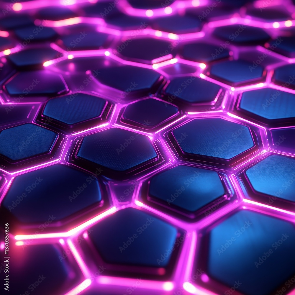 Poster abstract hexagon grid with glowing neon pink edges, technology and futuristic design