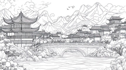 Asian Village Landscape Sketch, Mountains, Bridge