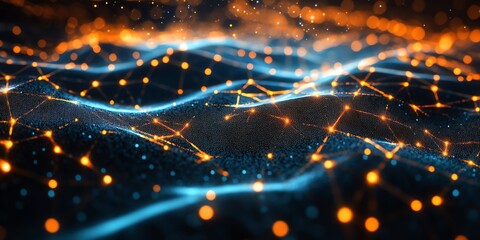 Obraz premium Abstract Glowing Network Connecting Data Points and Wavy Lines Background