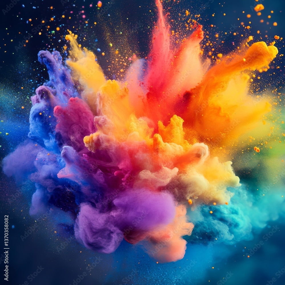 Poster colorful explosion of powder: a vibrant display of pigments colliding in a dynamic cloud formation.