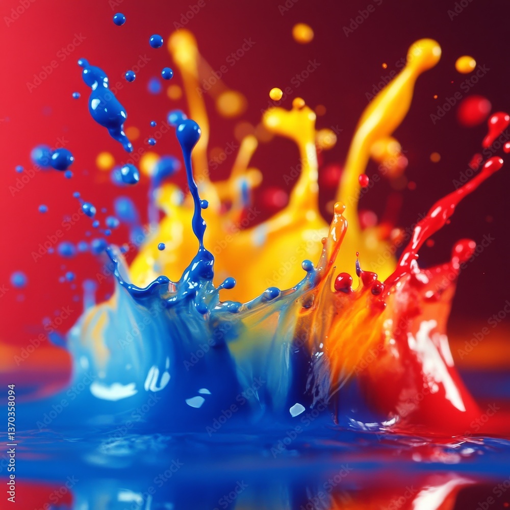 Aufkleber colorful paint splashes against a red background: a vibrant explosion of blue, yellow, and red paint
