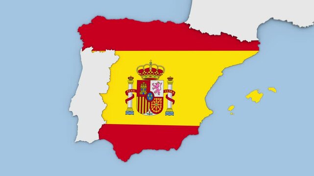3d rendered animation of Spain on the Europe map with their national flag