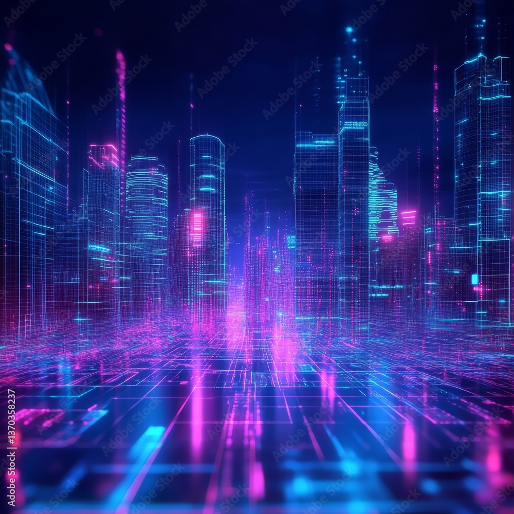 Poster cyberpunk cityscape: neon grid lights and futuristic architecture in a digital landscape