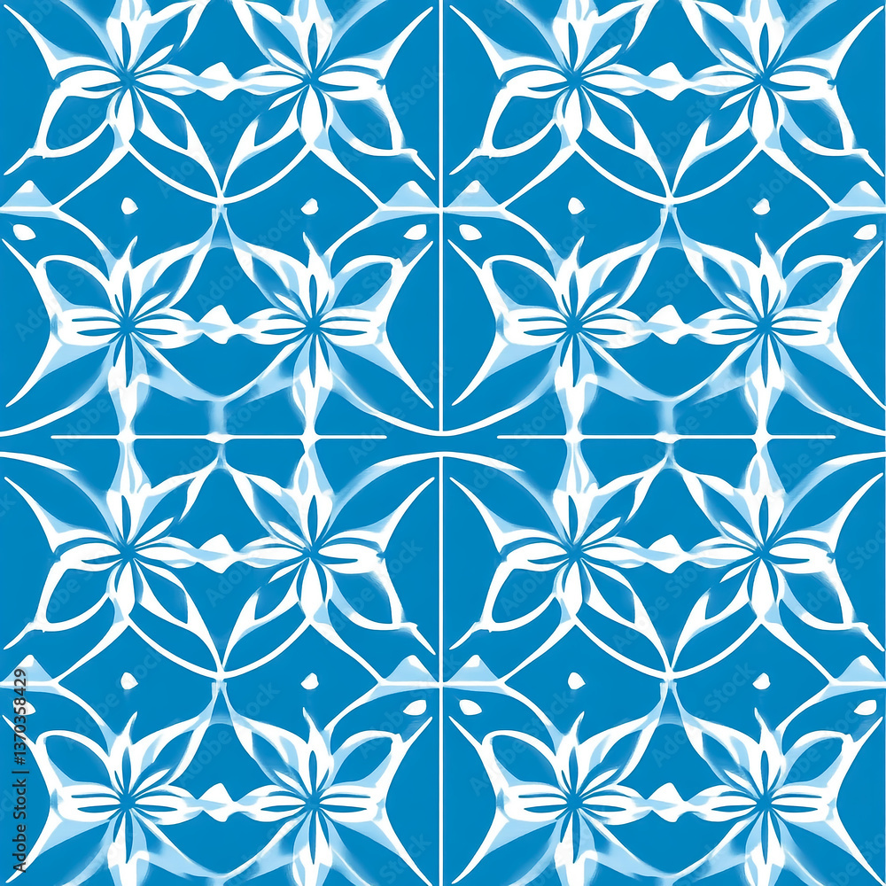 Poster a blue pattern with simple, repeating geometric shapes, symmetrical in design