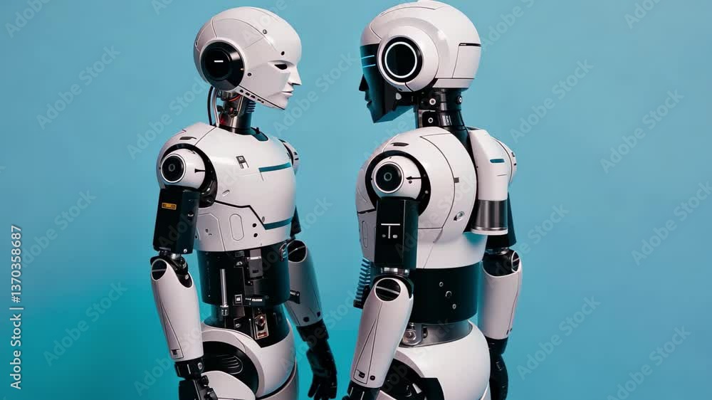Poster two humanoid robots are positioned opposite each other on a solid blue backdrop. their sleek design 