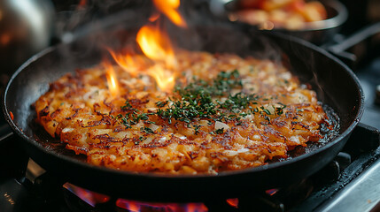 Flamed Potato Cakes Cooking on Stove