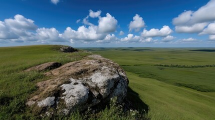 Vast prairie landscape with rocky outcrop