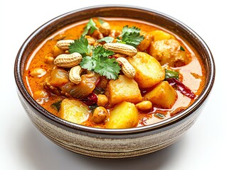 Bowl of Delicious Massaman Curry with Potatoes and Peanuts Topping