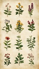 Fototapeta premium Botanical Elegance: A vintage illustration showcases a vibrant array of botanical specimens, each meticulously rendered with delicate detail and rich color, against a textured parchment background.