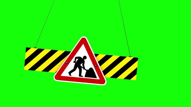 Looped 3d animation of a swinging Work in Progress signboard on a green screen