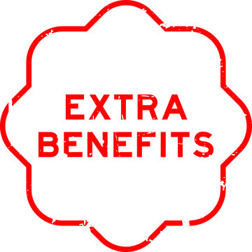 Grunge red extra benefits word rubber seal stamp on white background