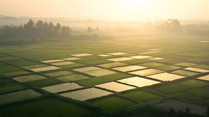 A hazy sunrise casting long, dramatic shadows across a vast rice paddy