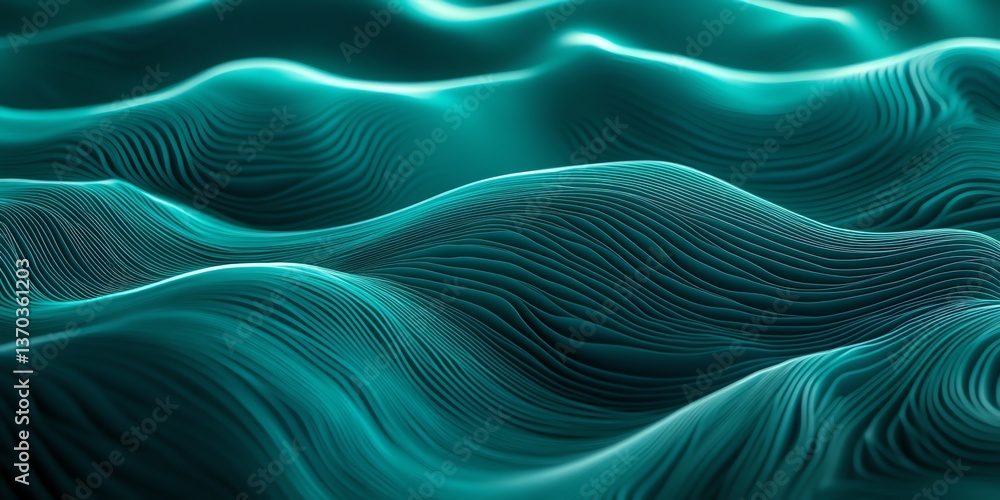Poster abstract wavy surface with teal color and subtle light effects