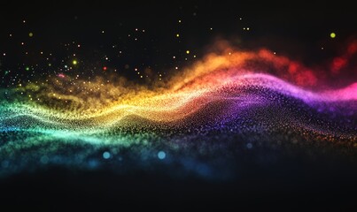 Fototapeta premium A vibrant green energy stream flowing horizontally across a dark background with scattered light particles